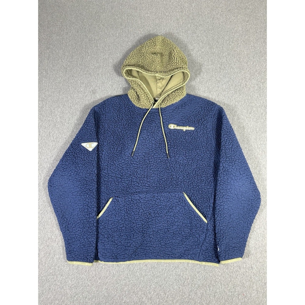 Champion Sherpa Fleece Hoodie Men's Navy Olive Colorblock Pullover Sweatshirt M